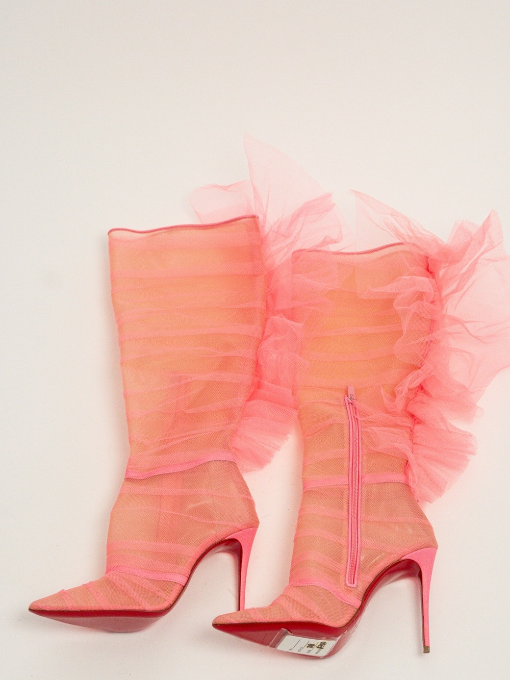 Christian Louboutin Pink Mesh Ruffle Mid-Calf Stiletto Boots